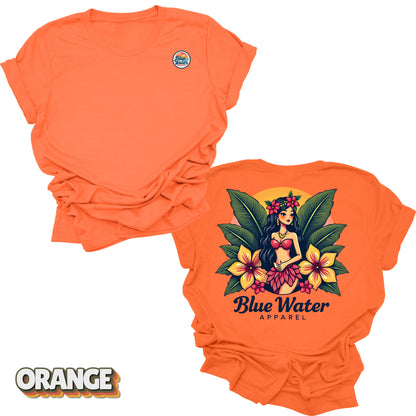 flat lay back graphic island girl orange tee by blue water apparel