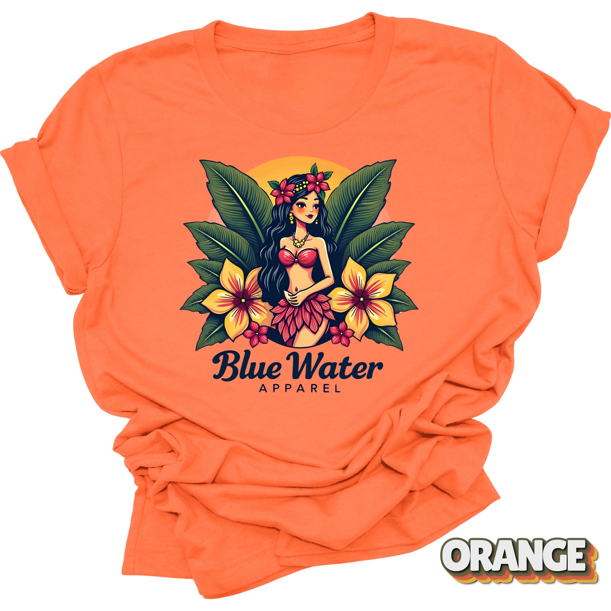 flat lay front graphic orange island girl tee by blue water apparel