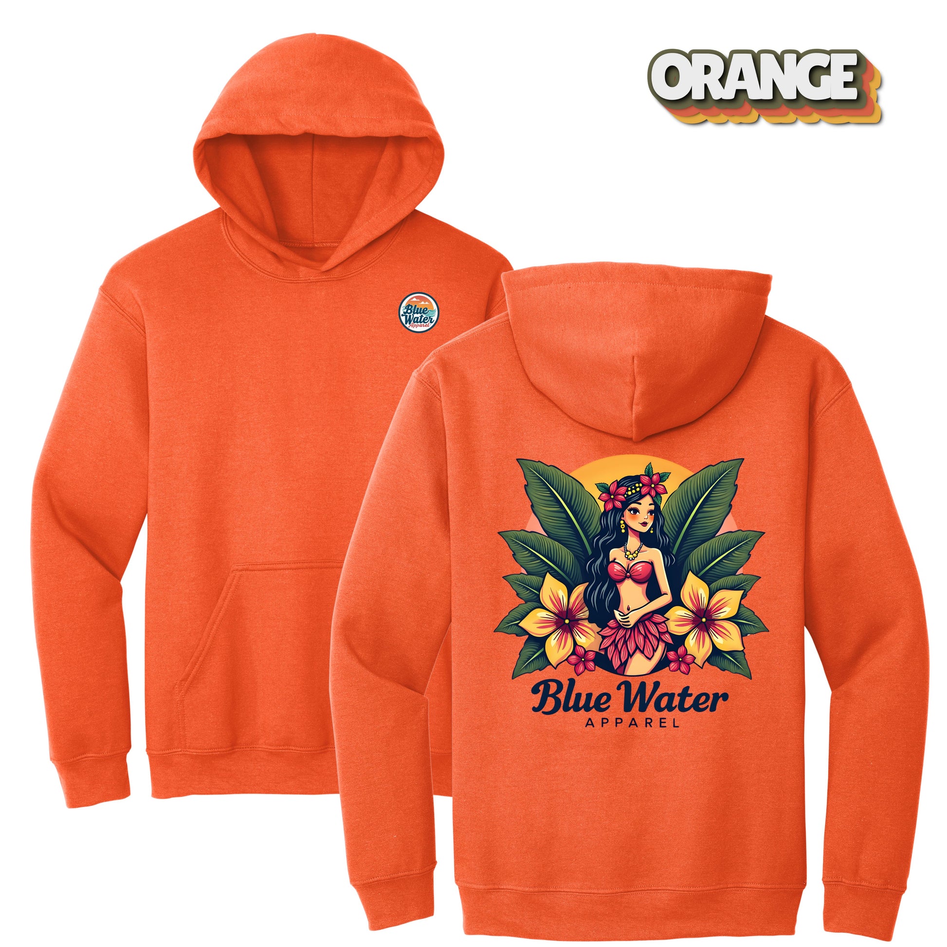 flat lay orange island girl hoodie by blue water apparel