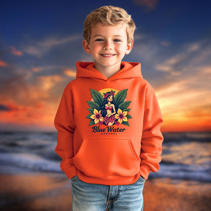 child model on beach wearing orange island girl kids hoodie by blue water apparel