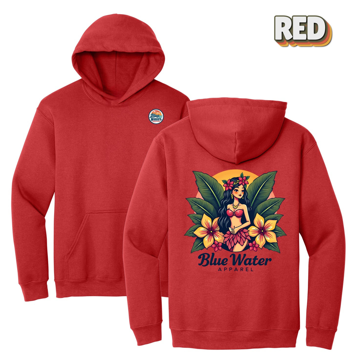 flat lay red island girl hoodie by blue water apparel
