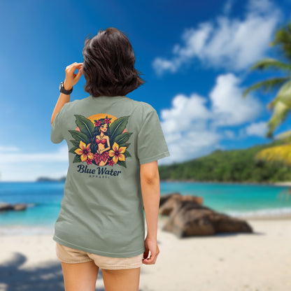 girl on beach wearing sage island girl tee by blue water apparel