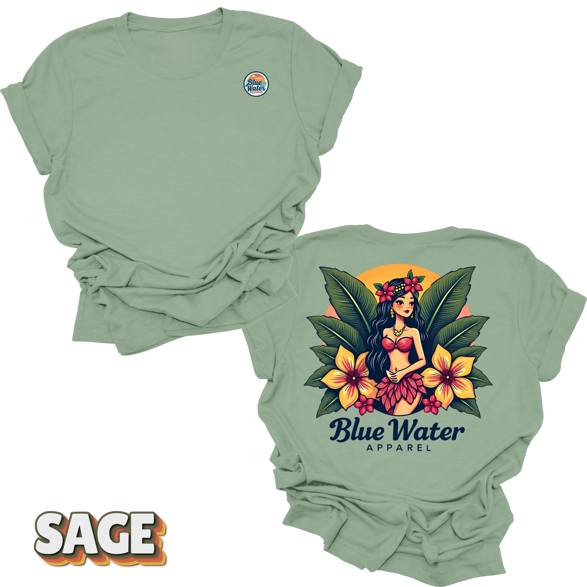 flat lay back graphic island girl sage tee by blue water apparel