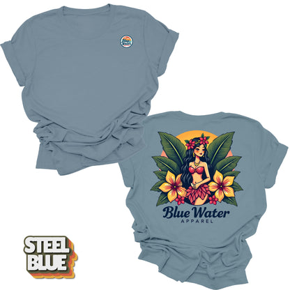 flat lay back graphic island girl steel blue tee by blue water apparel