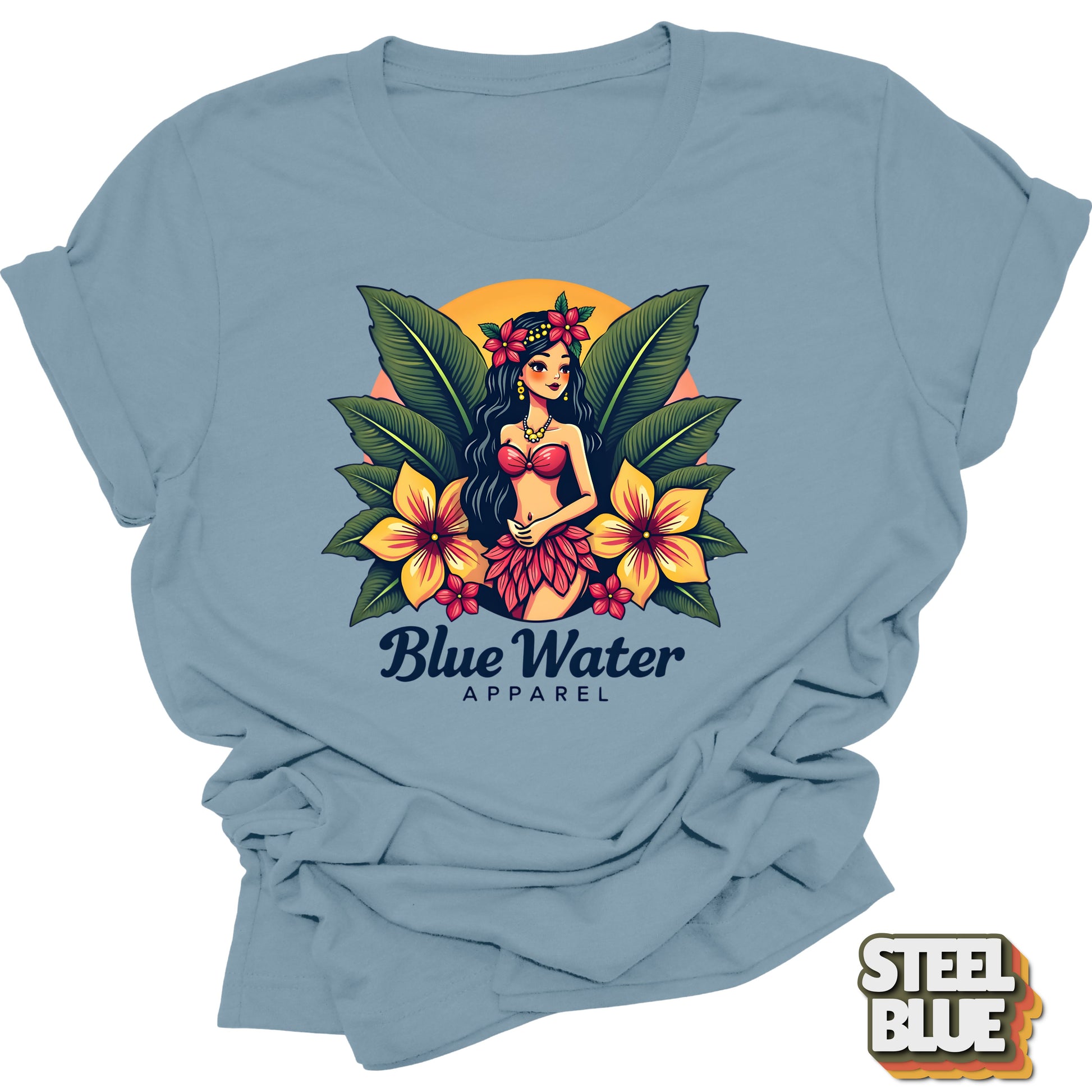 flat lay front graphic steel blue island girl tee by blue water apparel