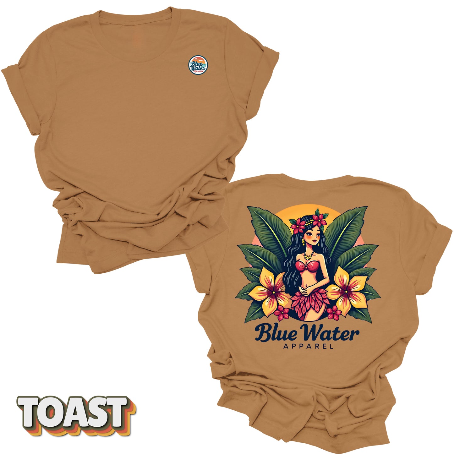 flat lay back graphic island girl toast tee by blue water apparel