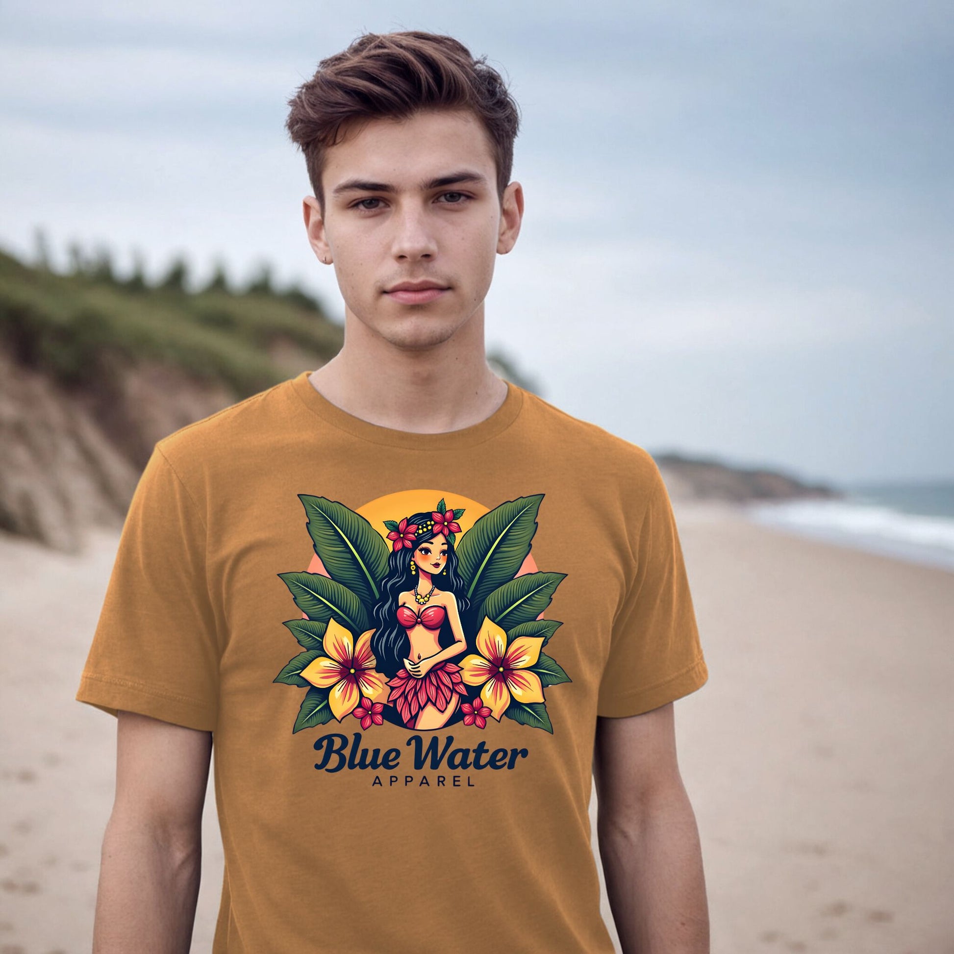 male model on beach wearing toast island girl tee by blue water apparel