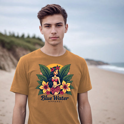 male model on beach wearing toast island girl tee by blue water apparel