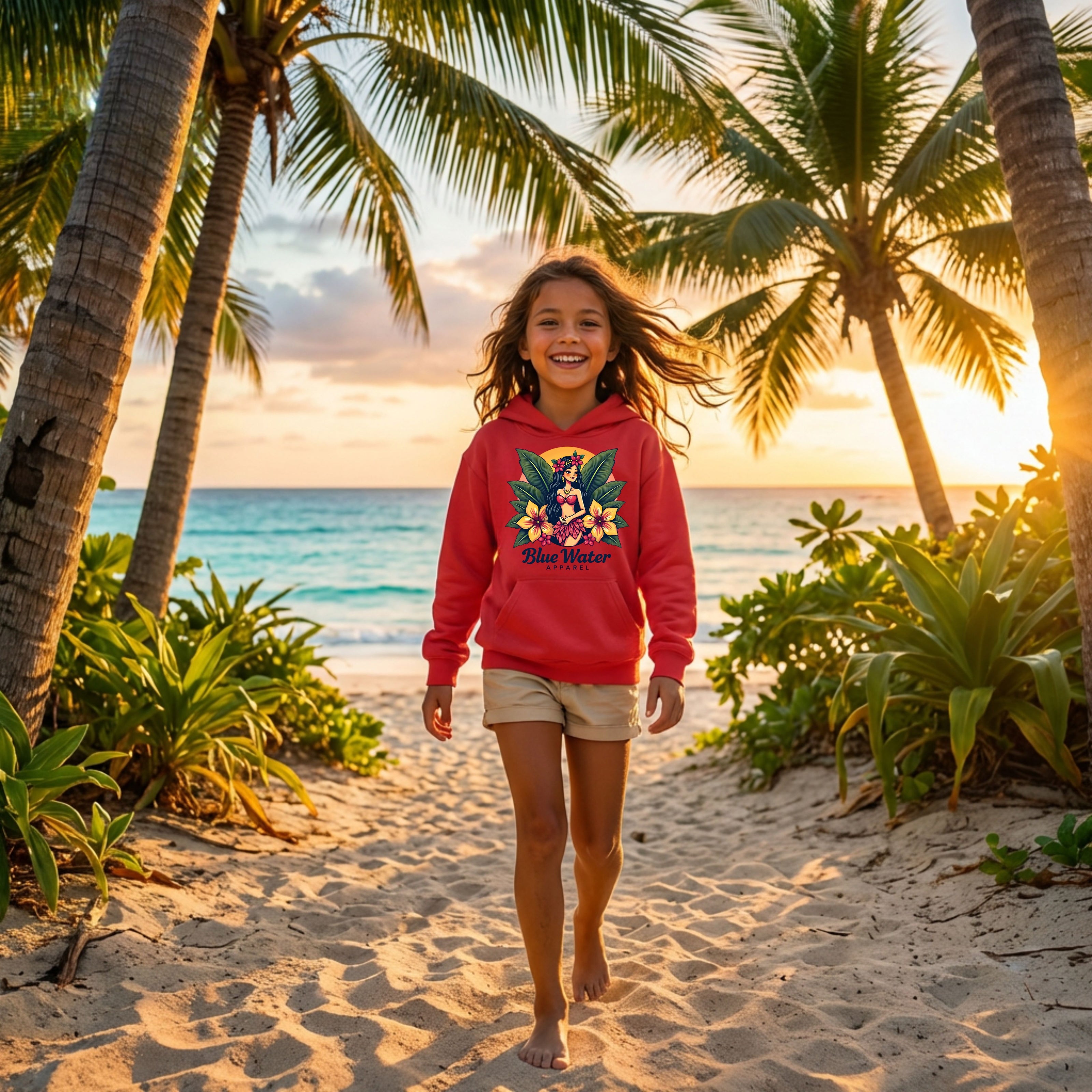 girl wearing red island girl hoodie walking down tropical beach path by blue water apparel.