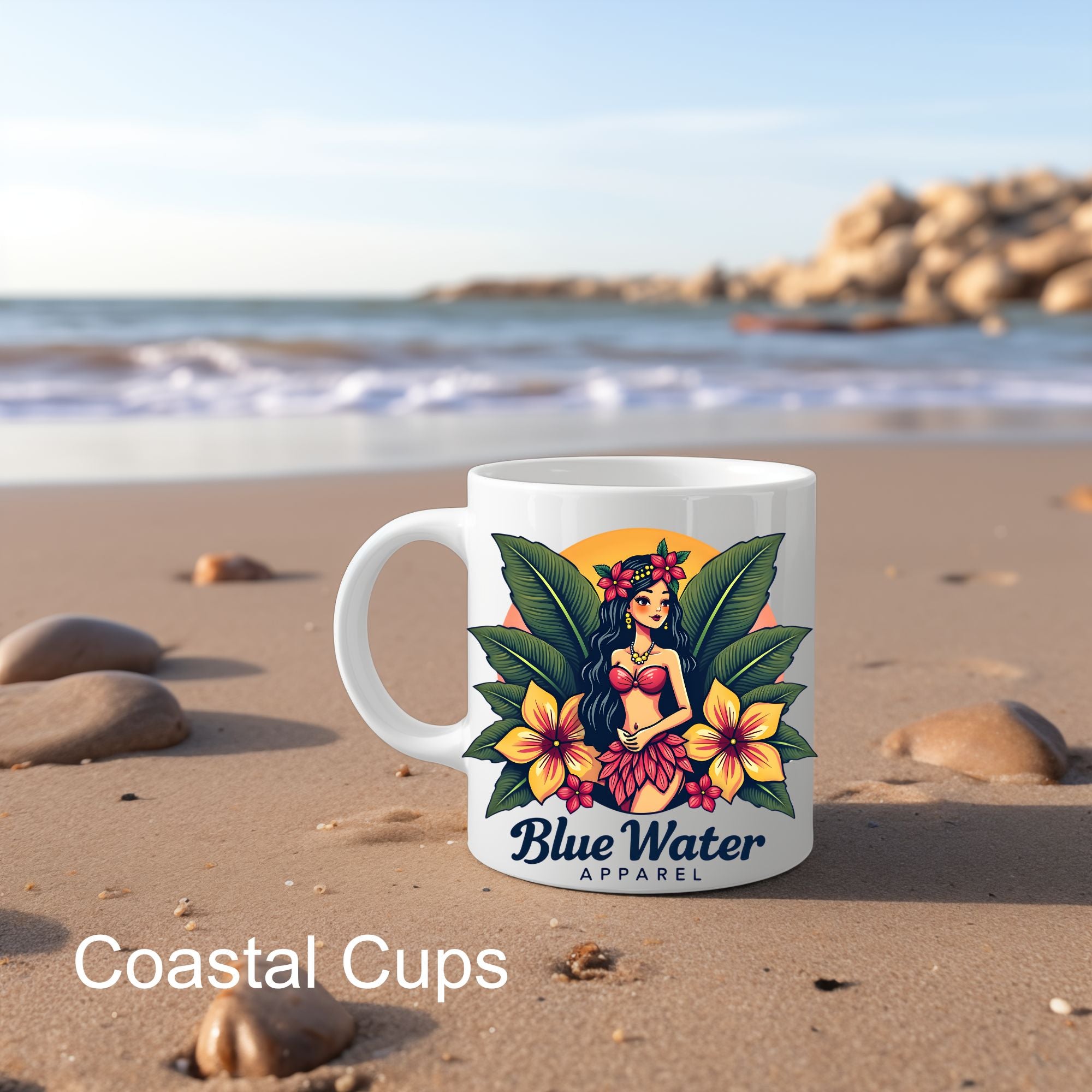 island girl coffee mug on a beach with water and rock backgrounds by blue water apparel