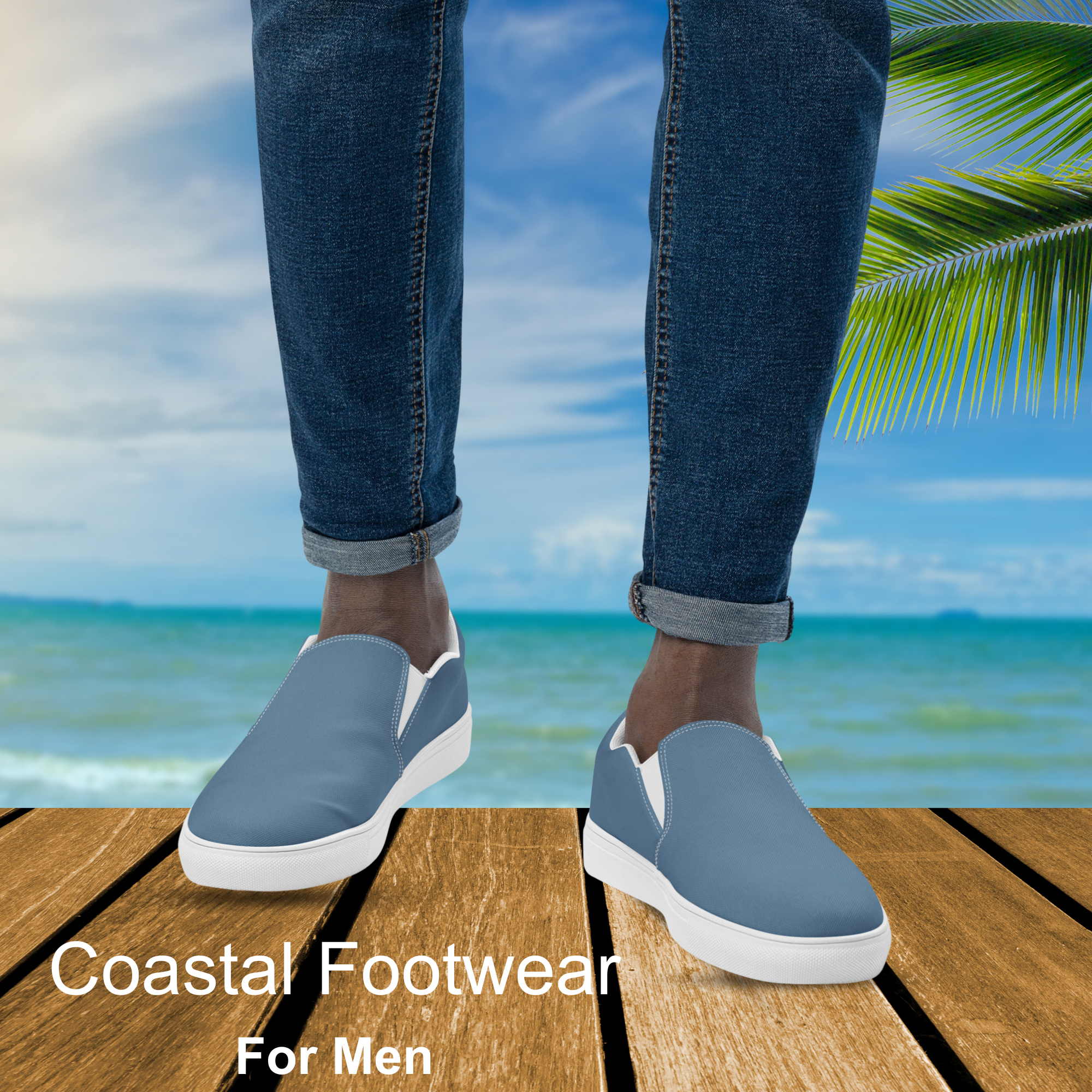 man wearing steel blue handmade slip on canvas shoes on a beach pier by blue water apparel