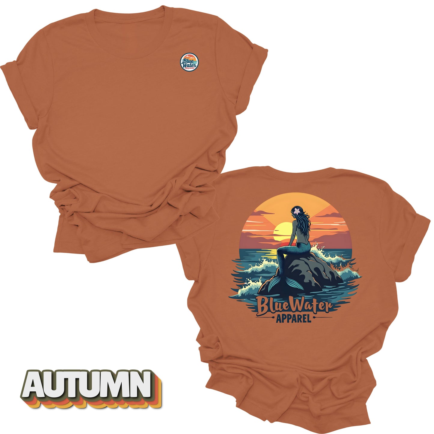 back graphic and front logo of autumn mermaid sunset tee by blue water apparel