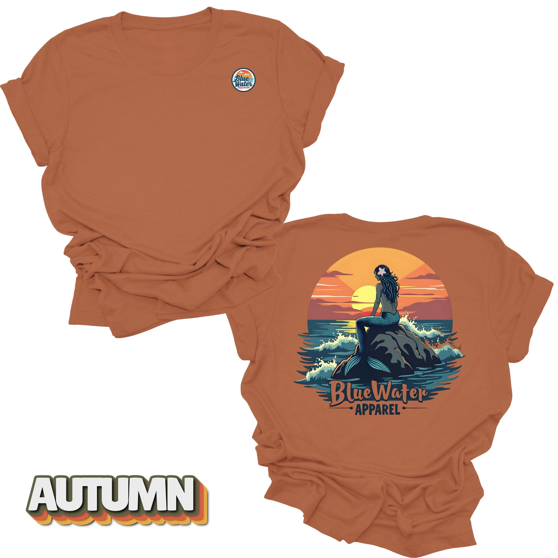 back graphic and front logo of autumn mermaid sunset tee by blue water apparel