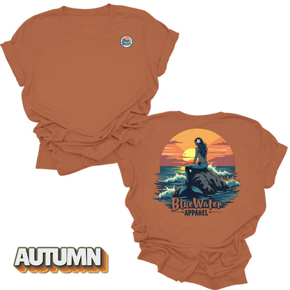 back graphic and front logo of autumn mermaid sunset tee by blue water apparel