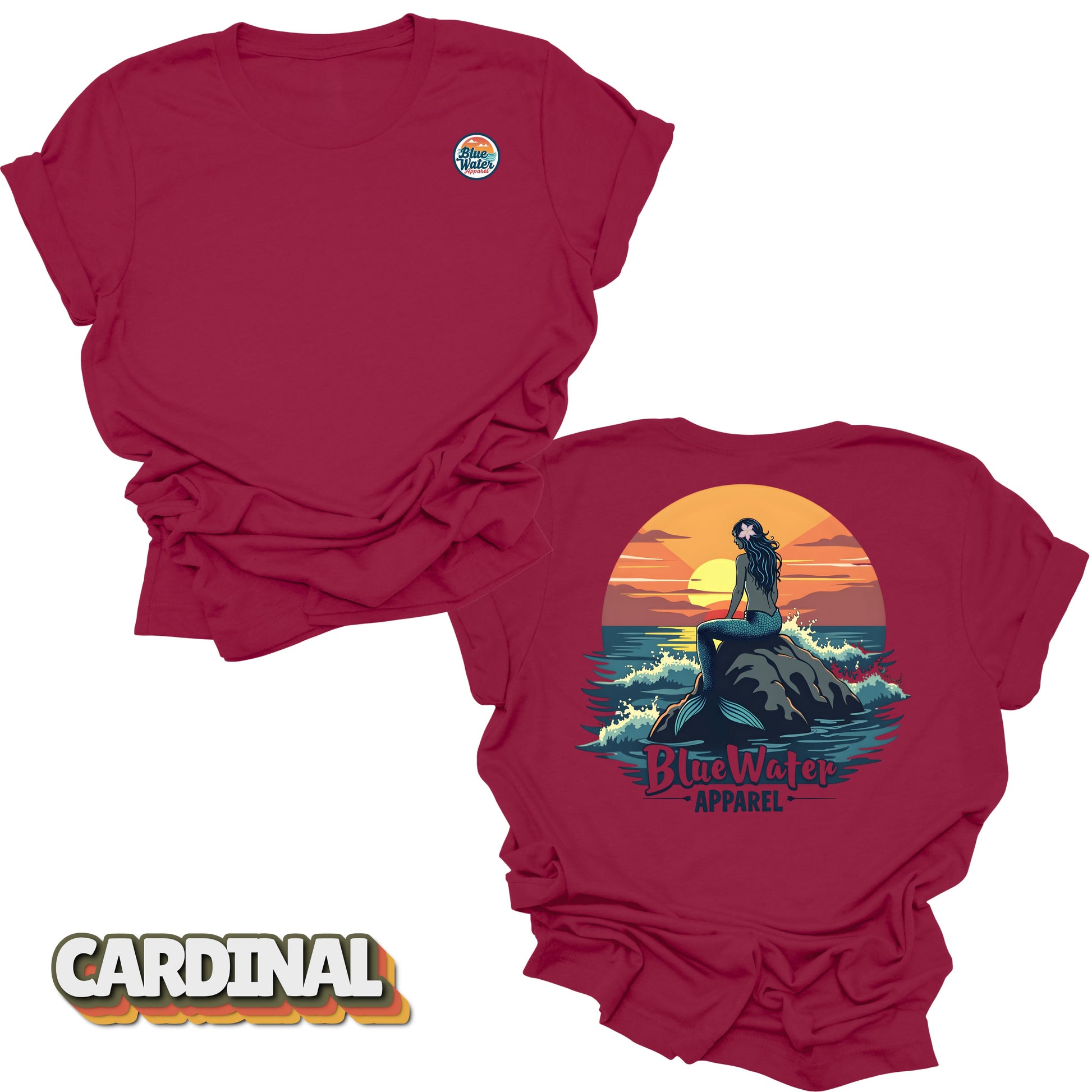 back graphic and front logo of Cardinal mermaid sunset tee by blue water 