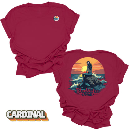back graphic and front logo of Cardinal mermaid sunset tee by blue water 
