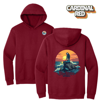 flat lay cardinal red vintage mermaid hoodie by blue water apparel