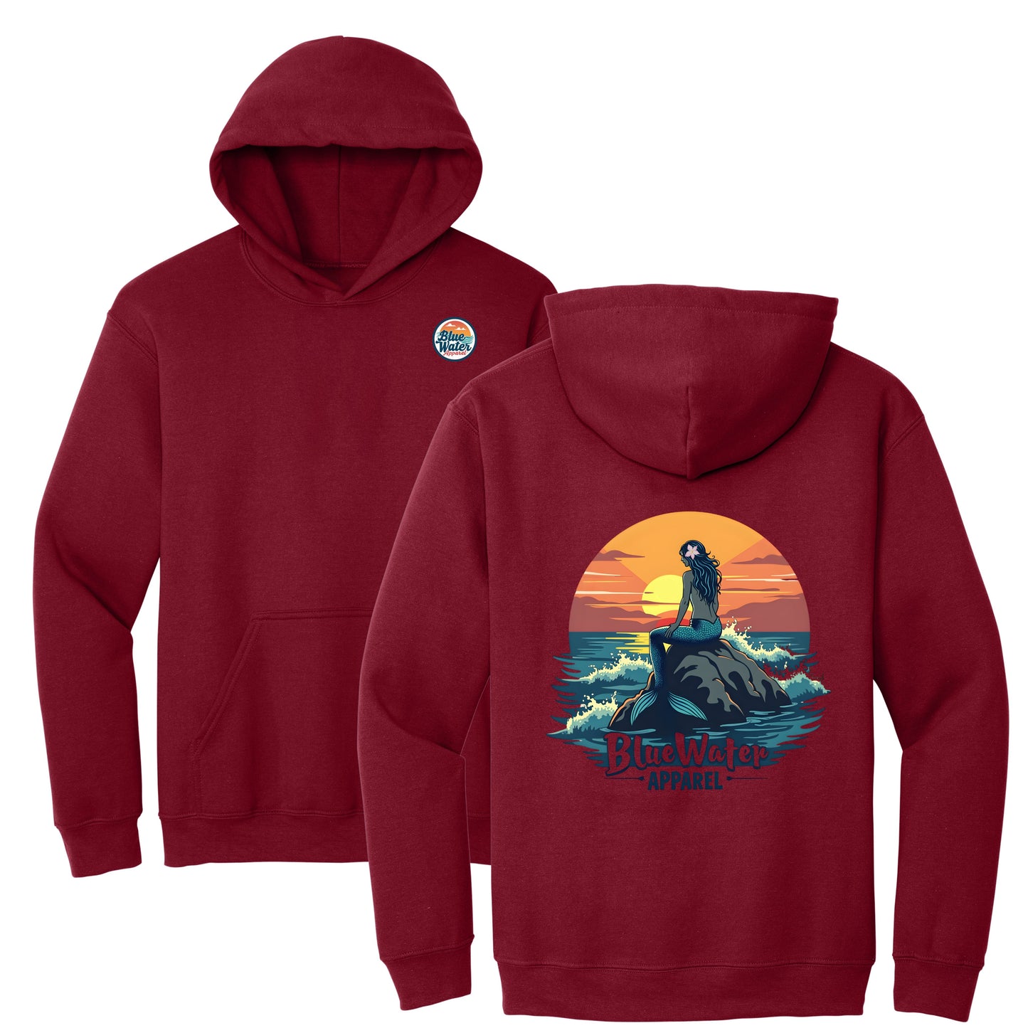 flat lay cardinal red mermaid sunset hoodie by blue water apparel