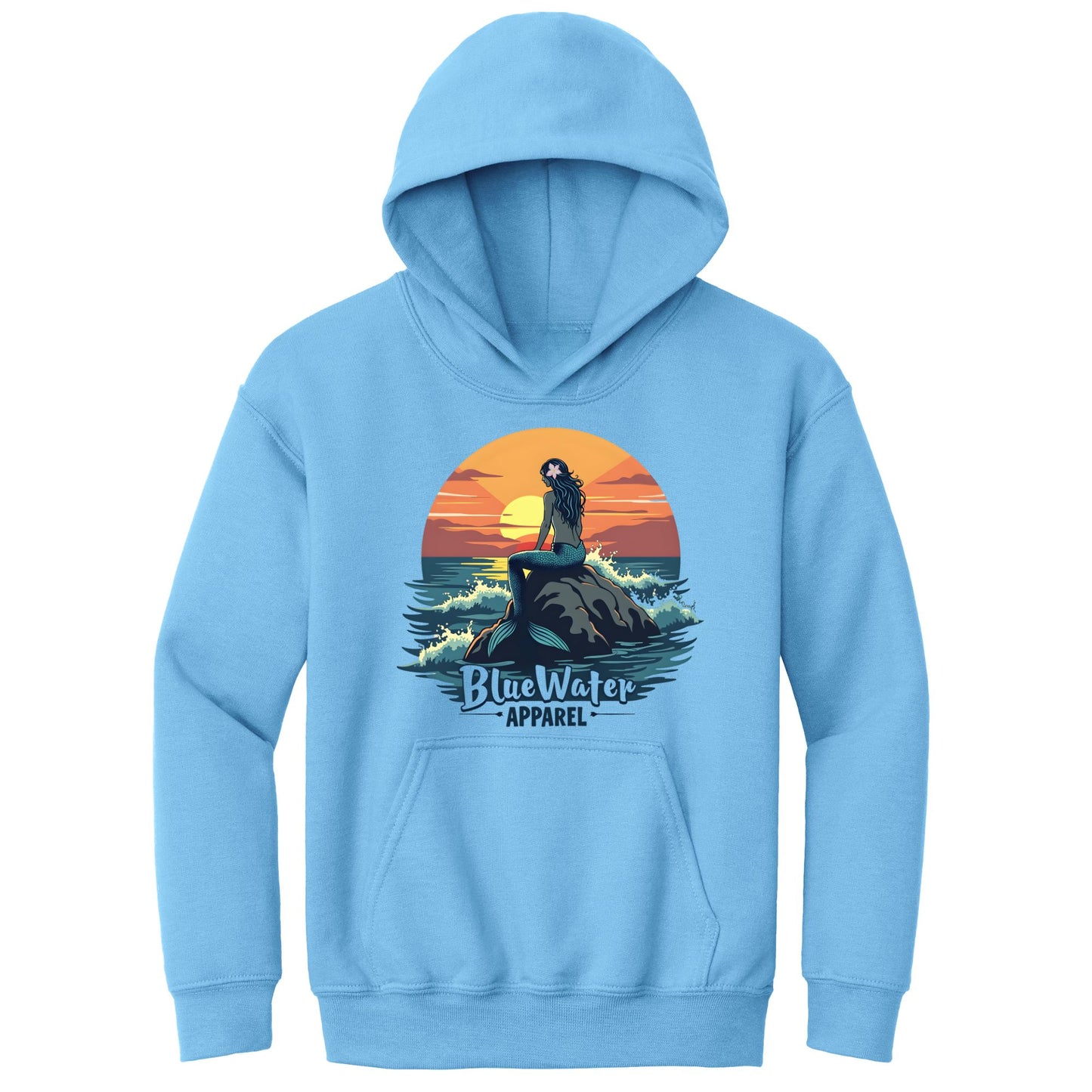 flat lay carolina blue mermaid sunset kids hoodie by blue water apparel