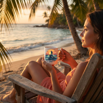 woman holding mermaid sunset coffee mug sitting in chair on sunrise beach by blue water apparel