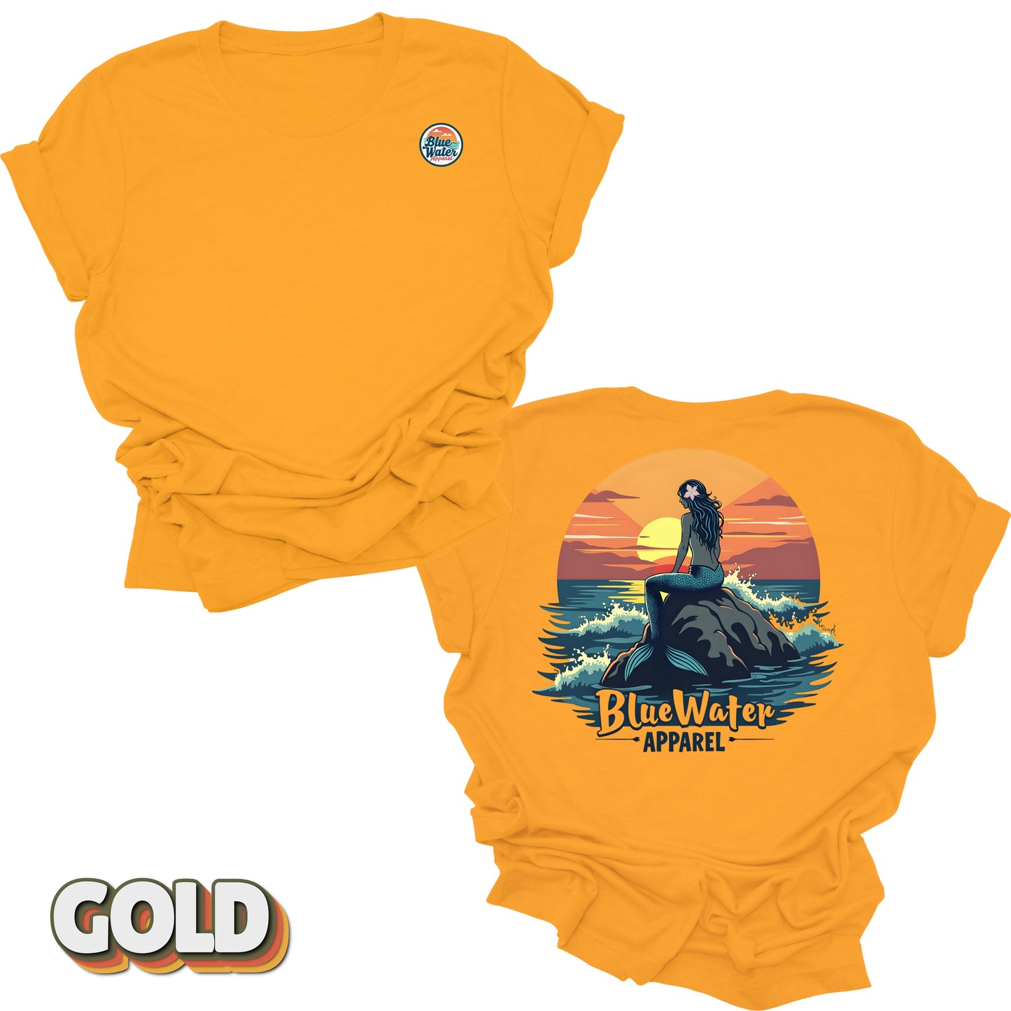 back graphic and front logo of gold mermaid sunset tee by blue water 