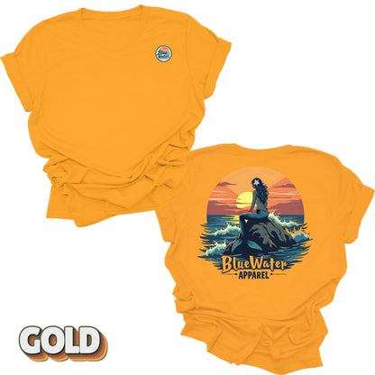back graphic and front logo of gold mermaid sunset tee by blue water 
