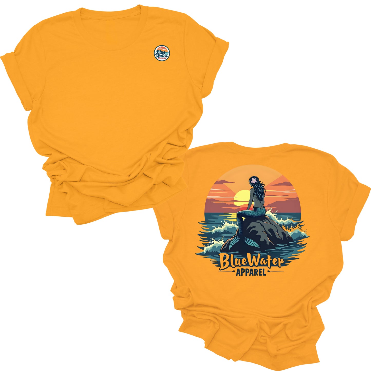flat lay gold mermaid sunset tee by blue water apparel