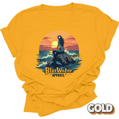 Front Graphic of Gold Mermaid Sunset tee by Blue Water Apparel