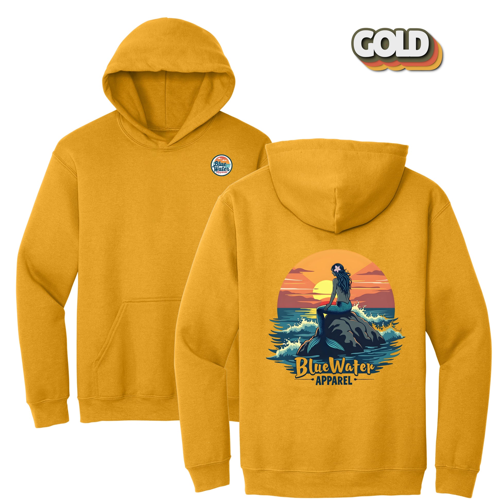 flat lay gold vintage mermaid hoodie by blue water apparel