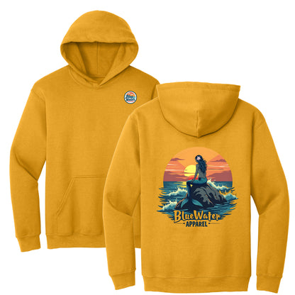 flat lay gold mermaid sunset hoodie by blue water apparel