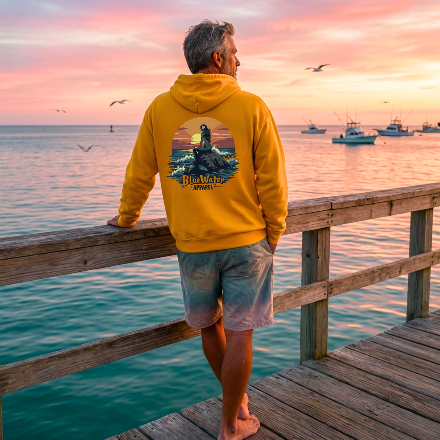 man wearing gold mermaid sunset hoodie standing on fishing pier by blue water apparel