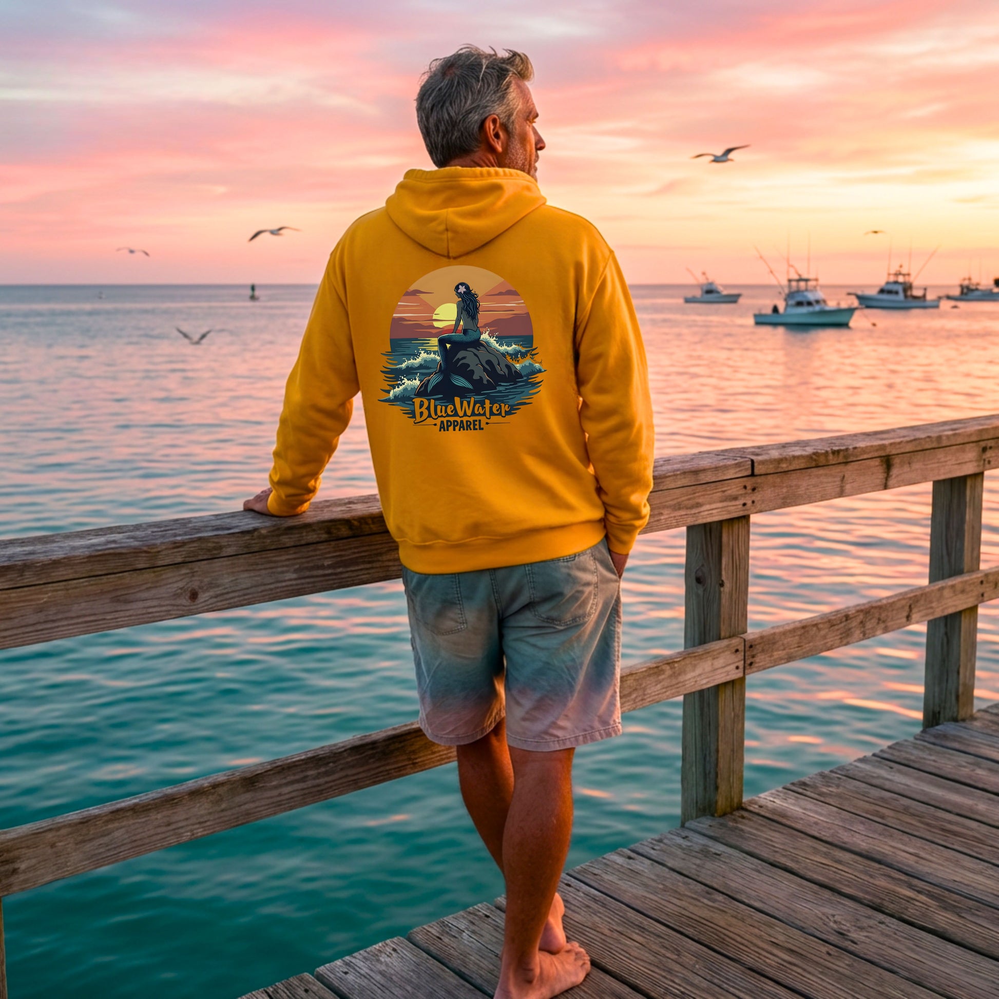 man wearing gold mermaid sunset hoodie standing on fishing pier by blue water apparel