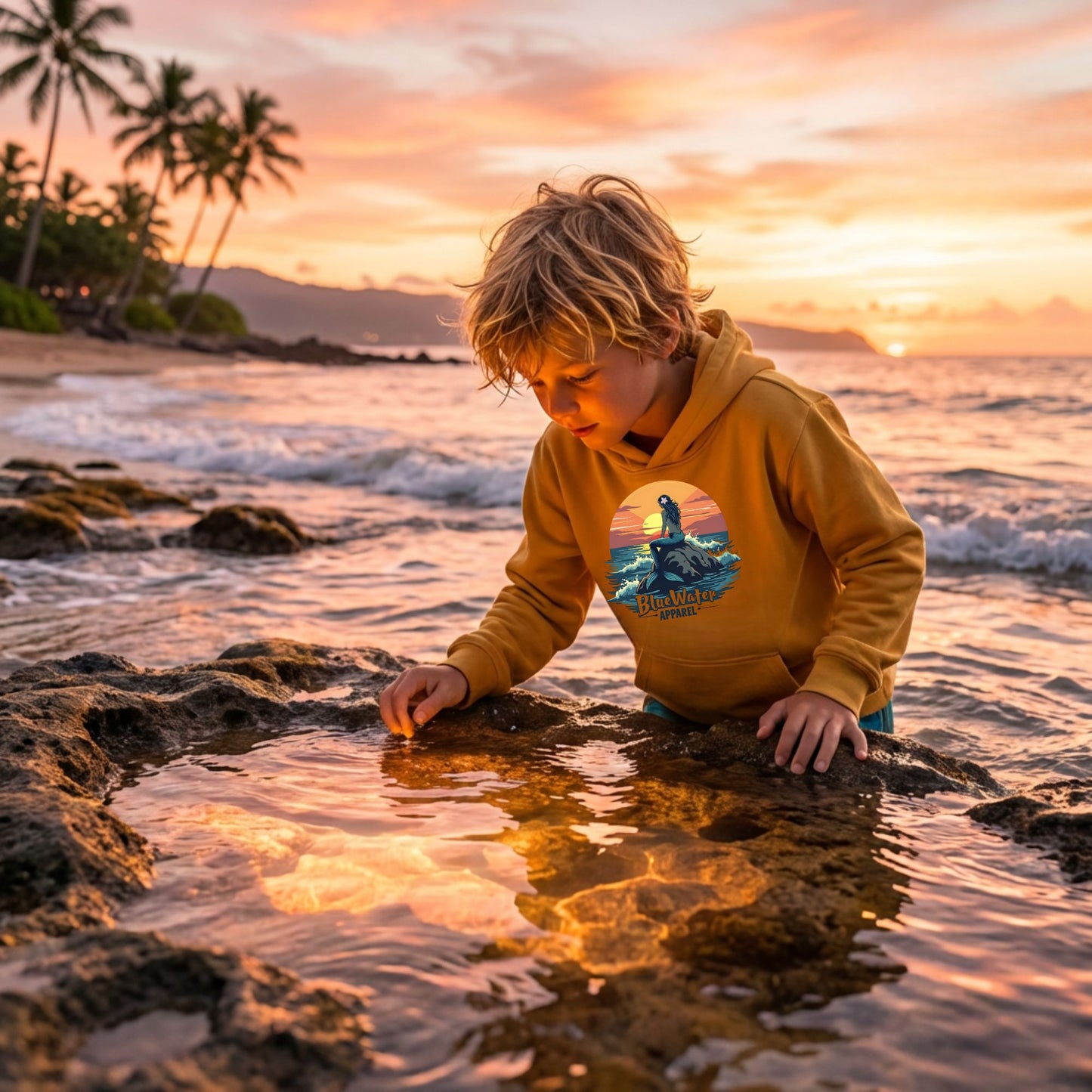 child model wearing gold mermaid sunset kids hoodie playing in a bioluminescent pool by blue water apparel