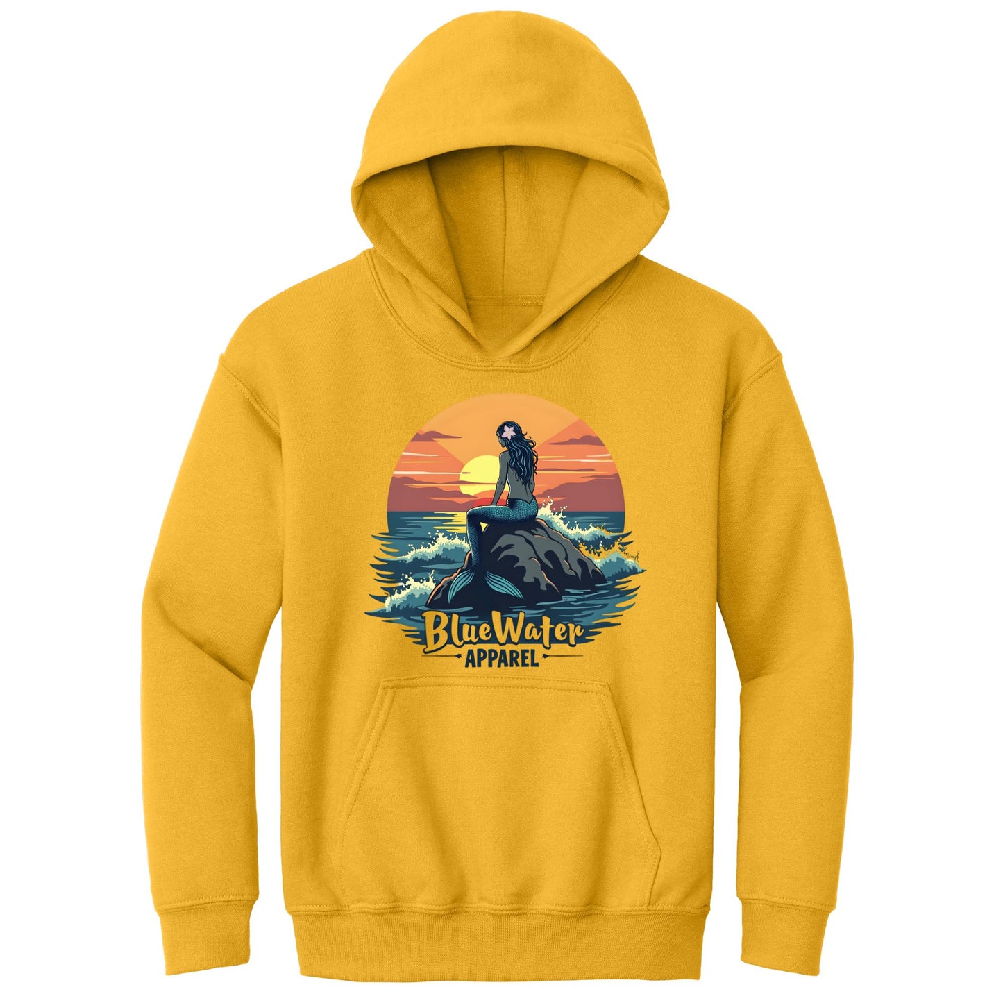 flat lay gold mermaid sunset kids hoodie by blue water apparel