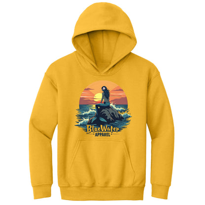 flat lay gold mermaid sunset kids hoodie by blue water apparel