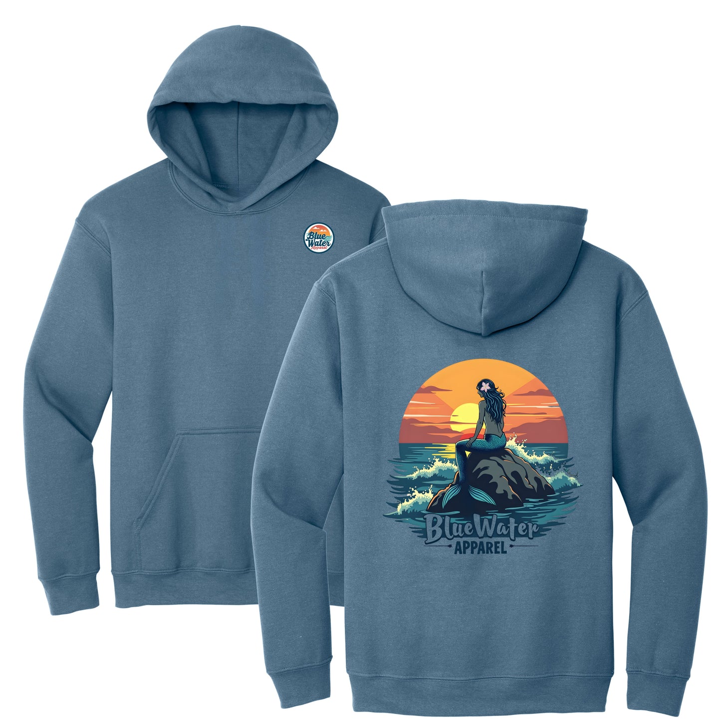 flat lay indigo blue mermaid sunset hoodie by blue water apparel