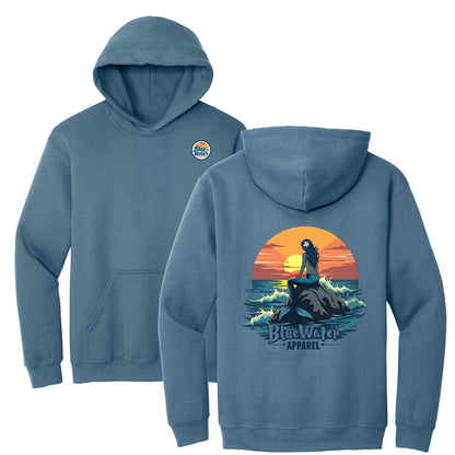 flat lay indigo blue mermaid sunset hoodie by blue water apparel