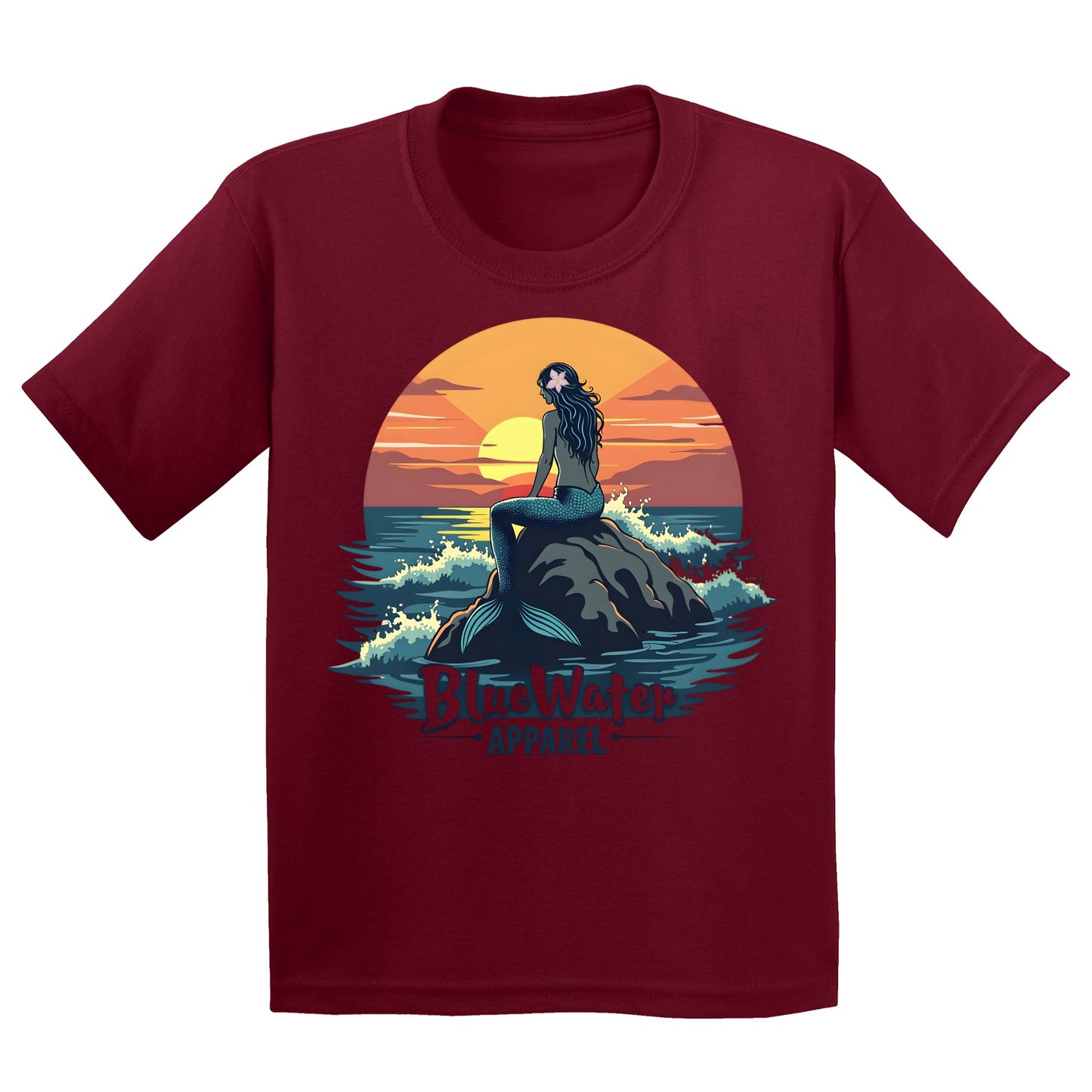 flat lay cardinal red mermaid sunset kids tee by blue water apparel