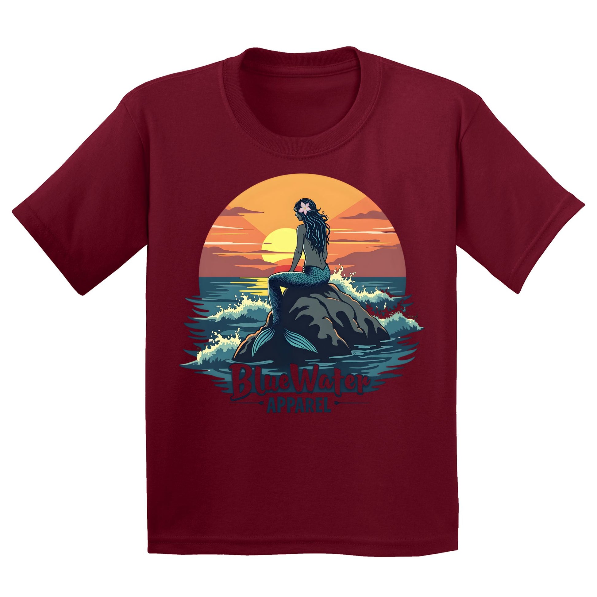 flat lay cardinal red mermaid sunset kids tee by blue water apparel
