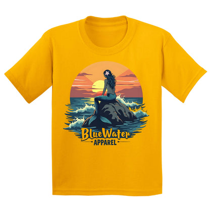 flat lay gold mermaid sunset kids tee by blue water apparel