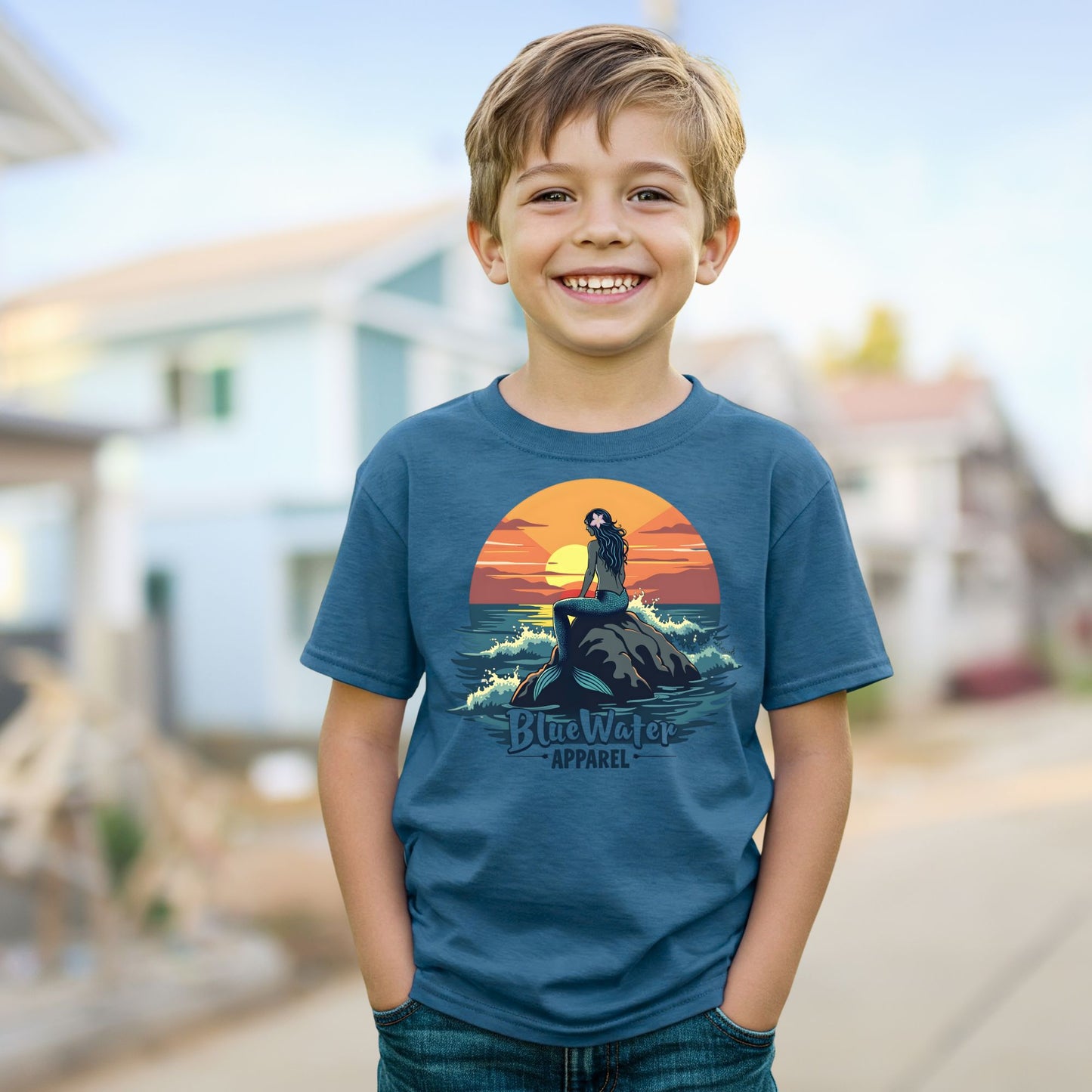 Child wearing an indigo blue mermaid sunset tee by blue water apparel