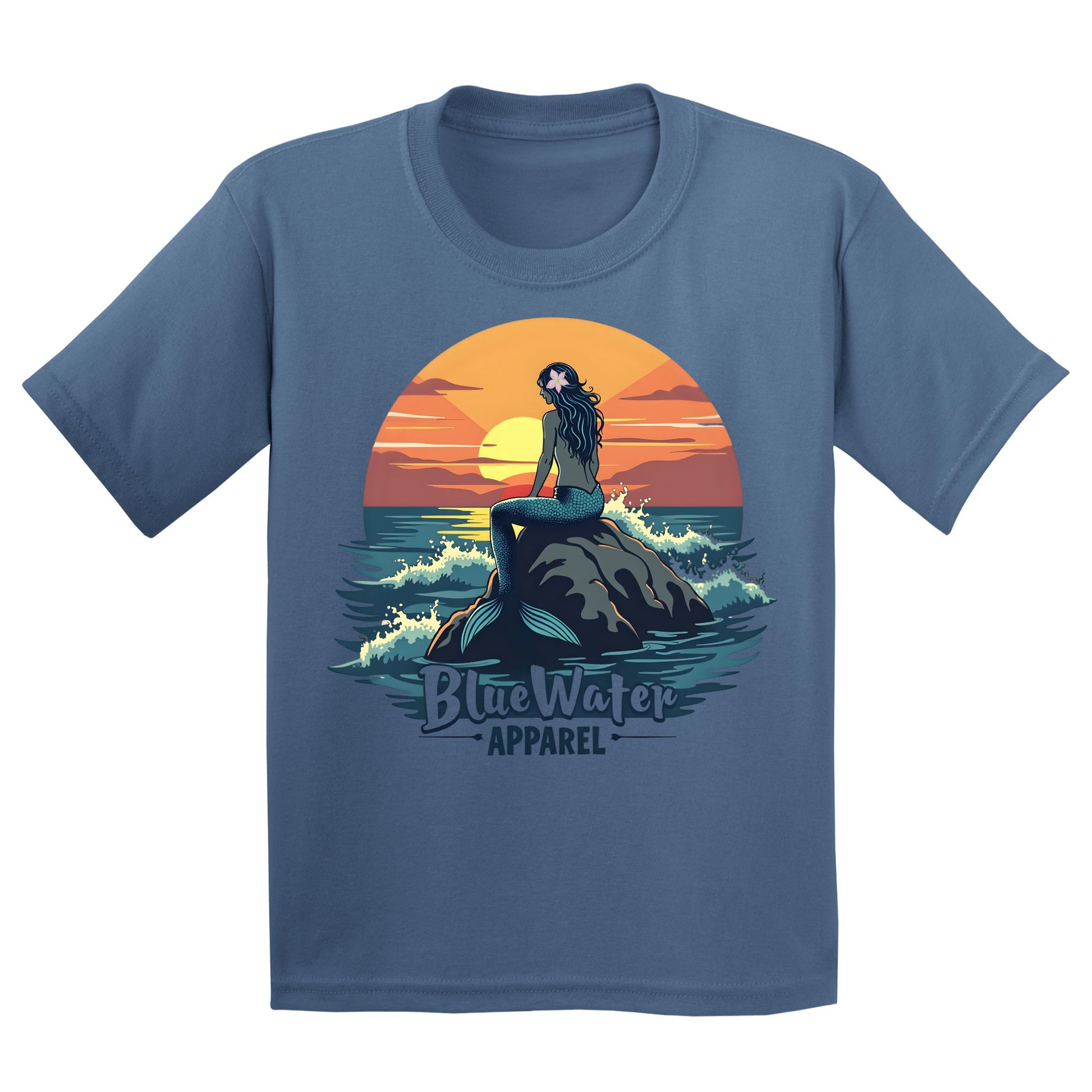 flat lay indigo blue mermaid sunset kids tee by blue water apparel