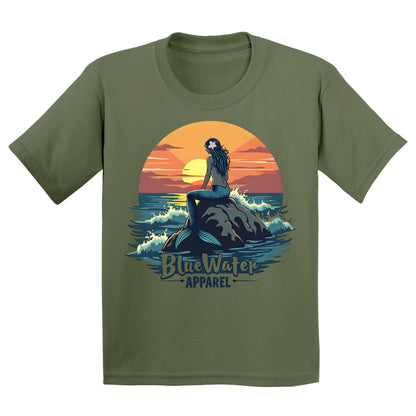 flat lay military green mermaid sunset kids tee by blue water apparel