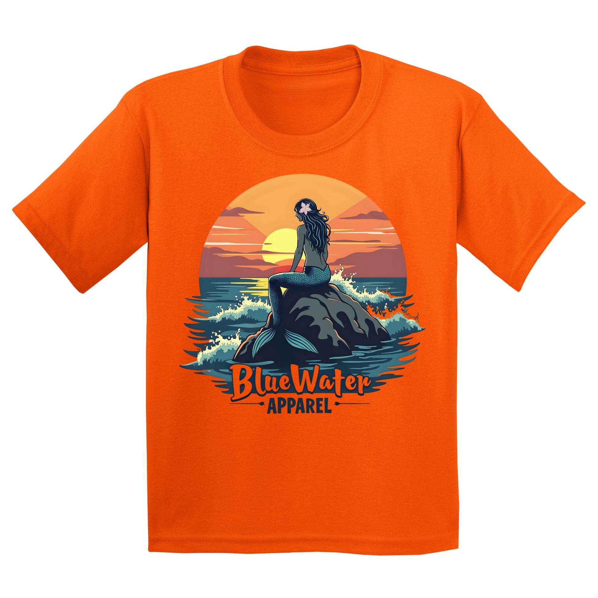 flat lay orange mermaid sunset kids tee by blue water apparel