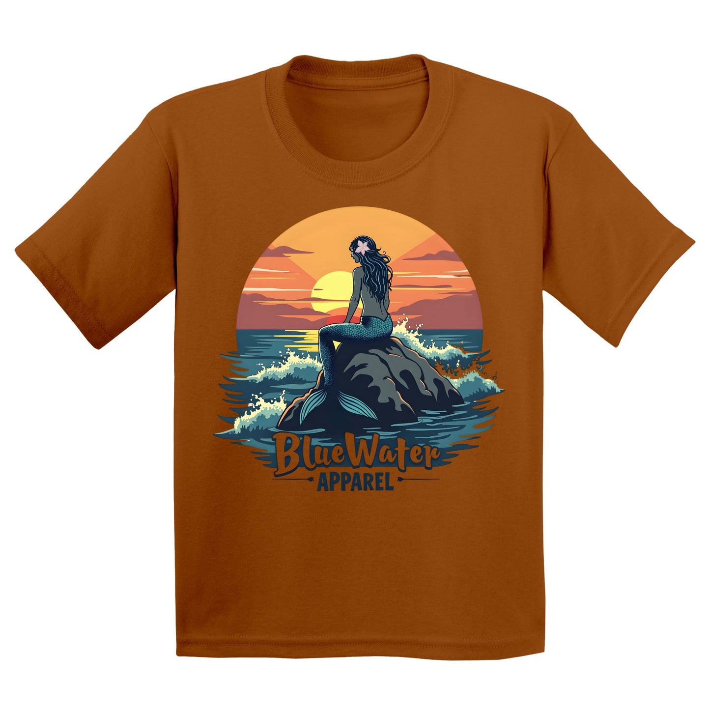 flat lay texas orange mermaid sunset kids tee by blue water apparel
