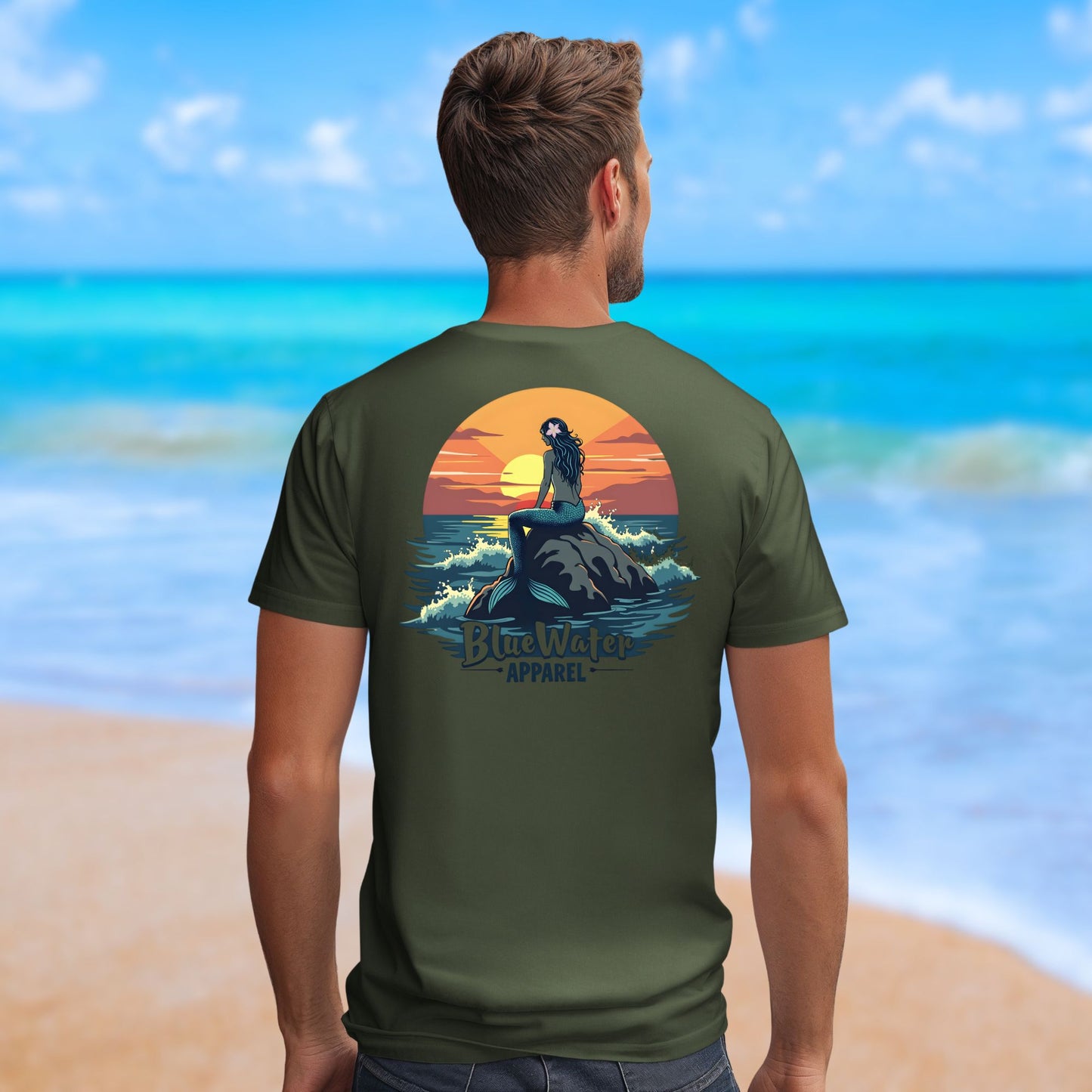 model wearing military green mermaid sunset tee by blue water apparel
