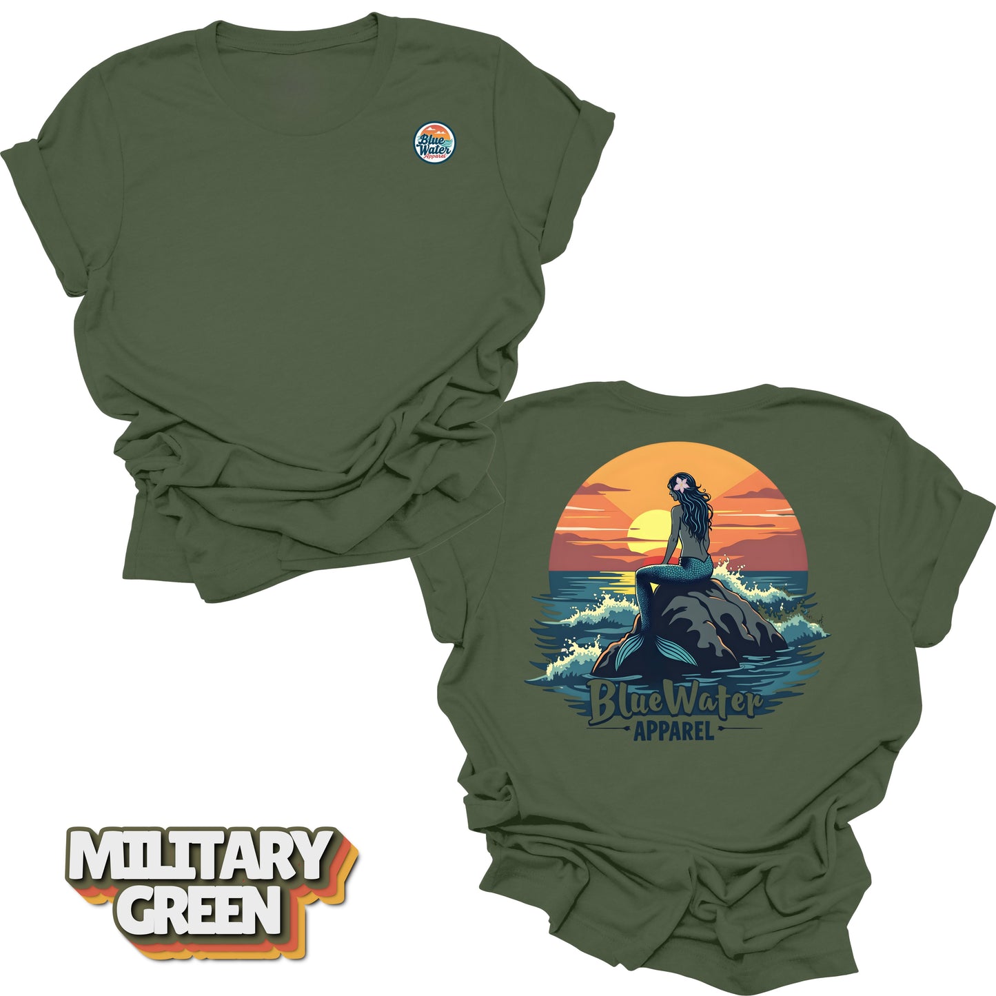 back graphic and front logo of military green mermaid sunset tee by blue water 