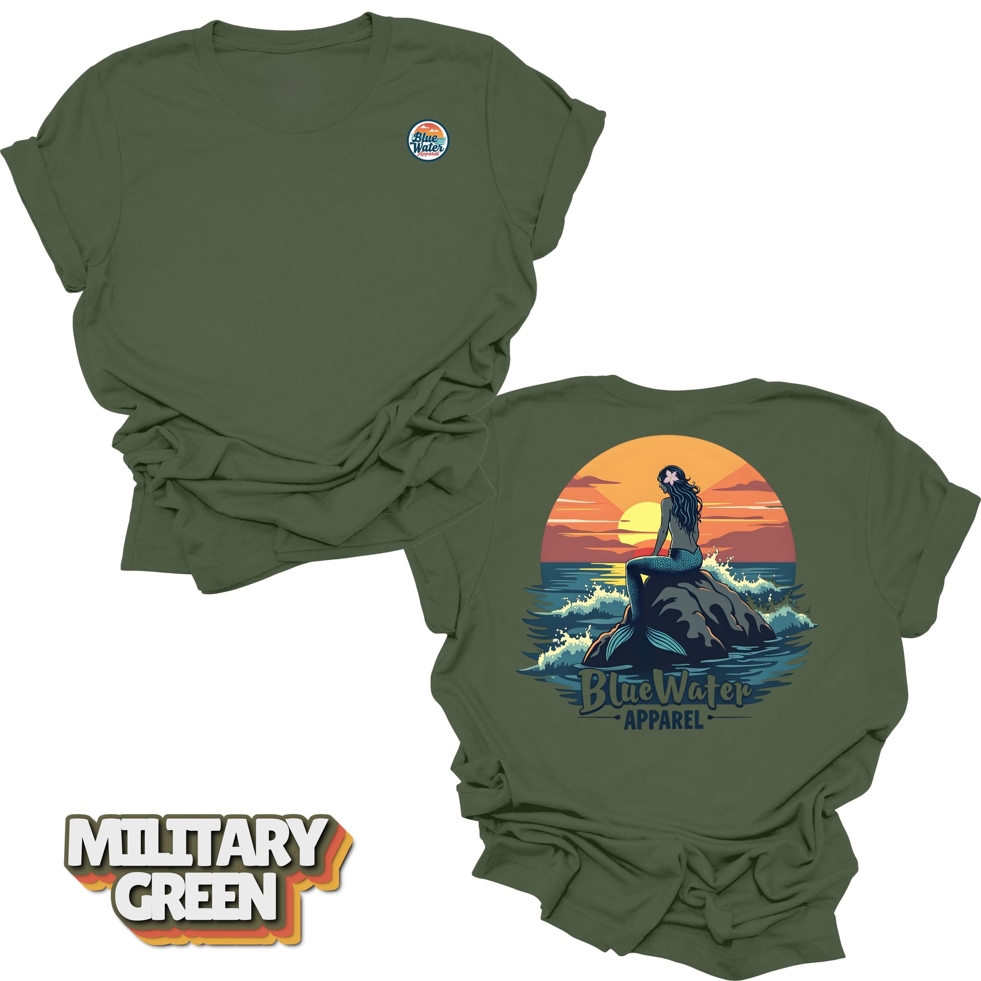 back graphic and front logo of military green mermaid sunset tee by blue water 