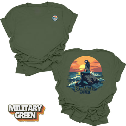 back graphic and front logo of military green mermaid sunset tee by blue water 