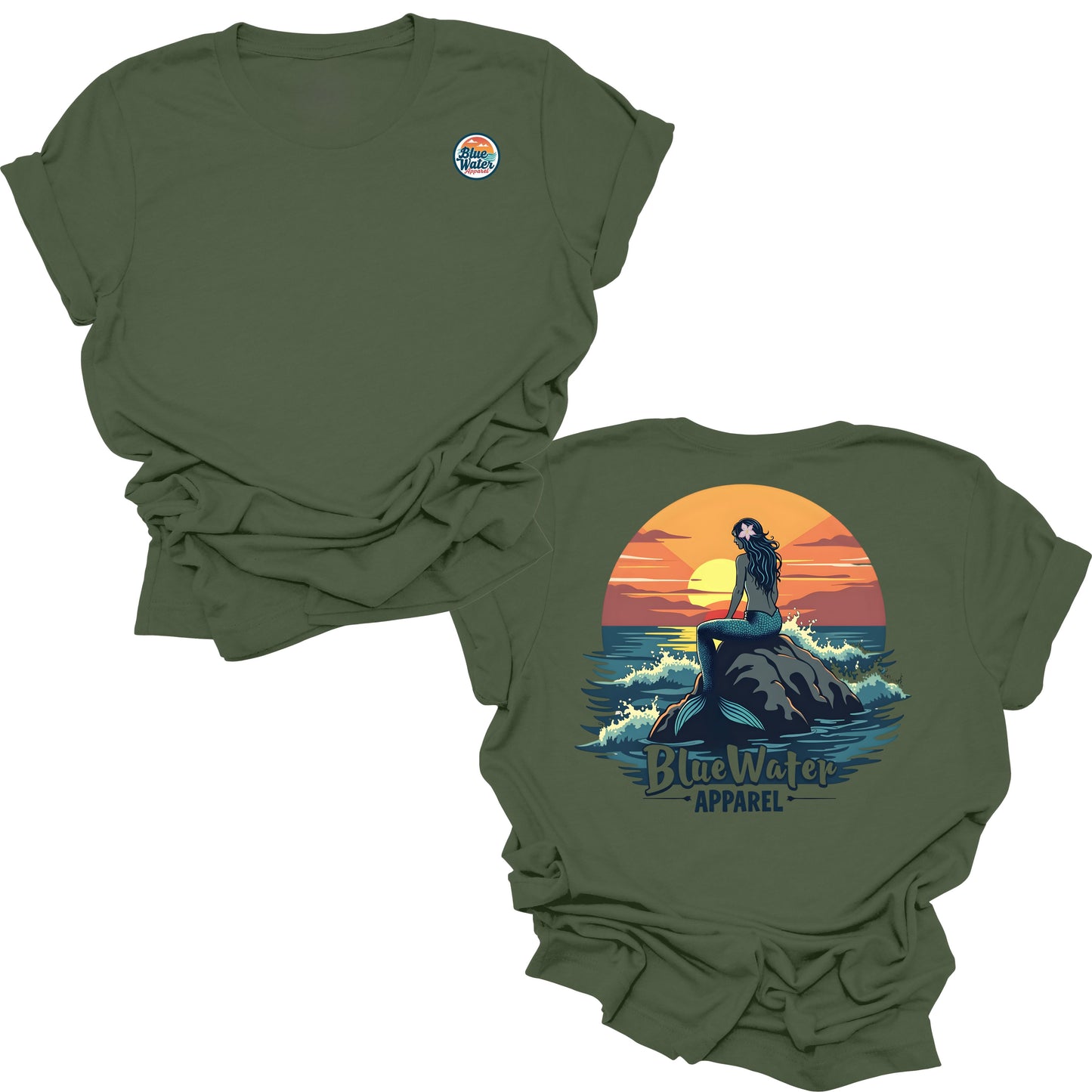 flat lay military green mermaid sunset tee by blue water apparel